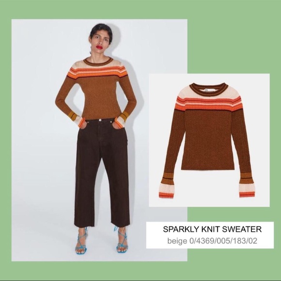 Zara Women’s Brown & Orange & Cream Sparkly Striped Bell Sleeve Knit Sweater - Picture 5 of 13